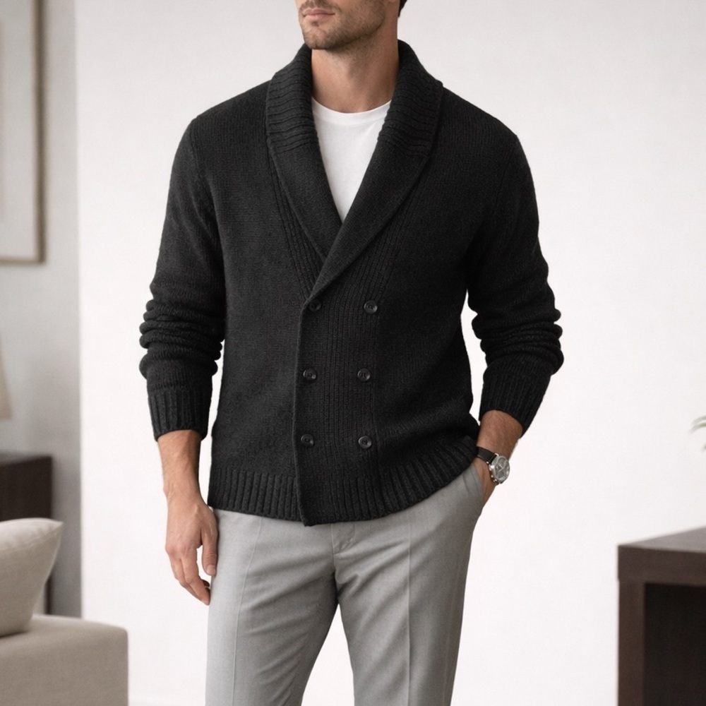 Men's Double-Breasted Shawl Collar Cardigan - Black
